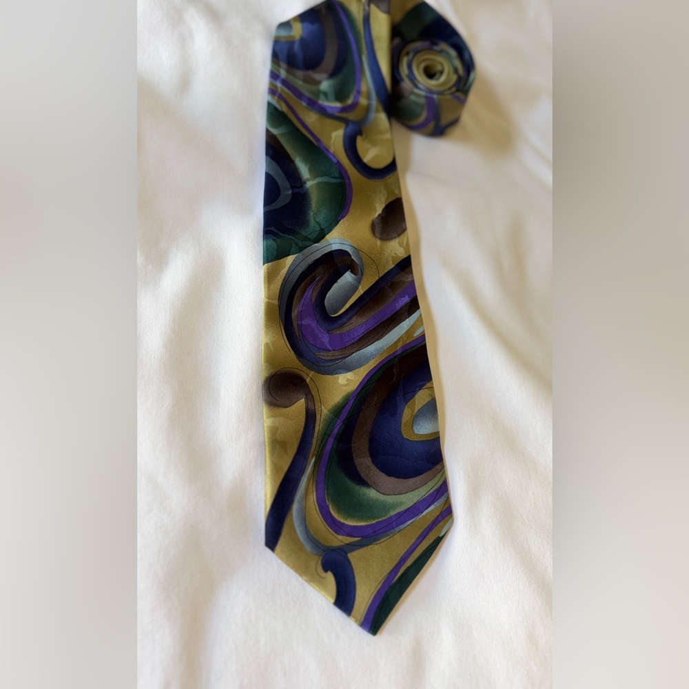 J Garcia Mens Silk Neck Tie Abstract Swirl Art Green Blue Purple Wide